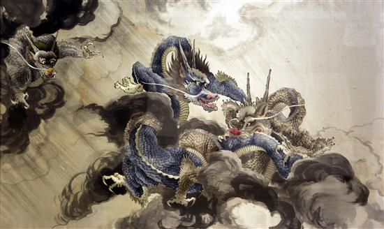 A large Japanese embroidered silk dragon panel, early 20th century, 72.5 x 119cm, framed and glazed